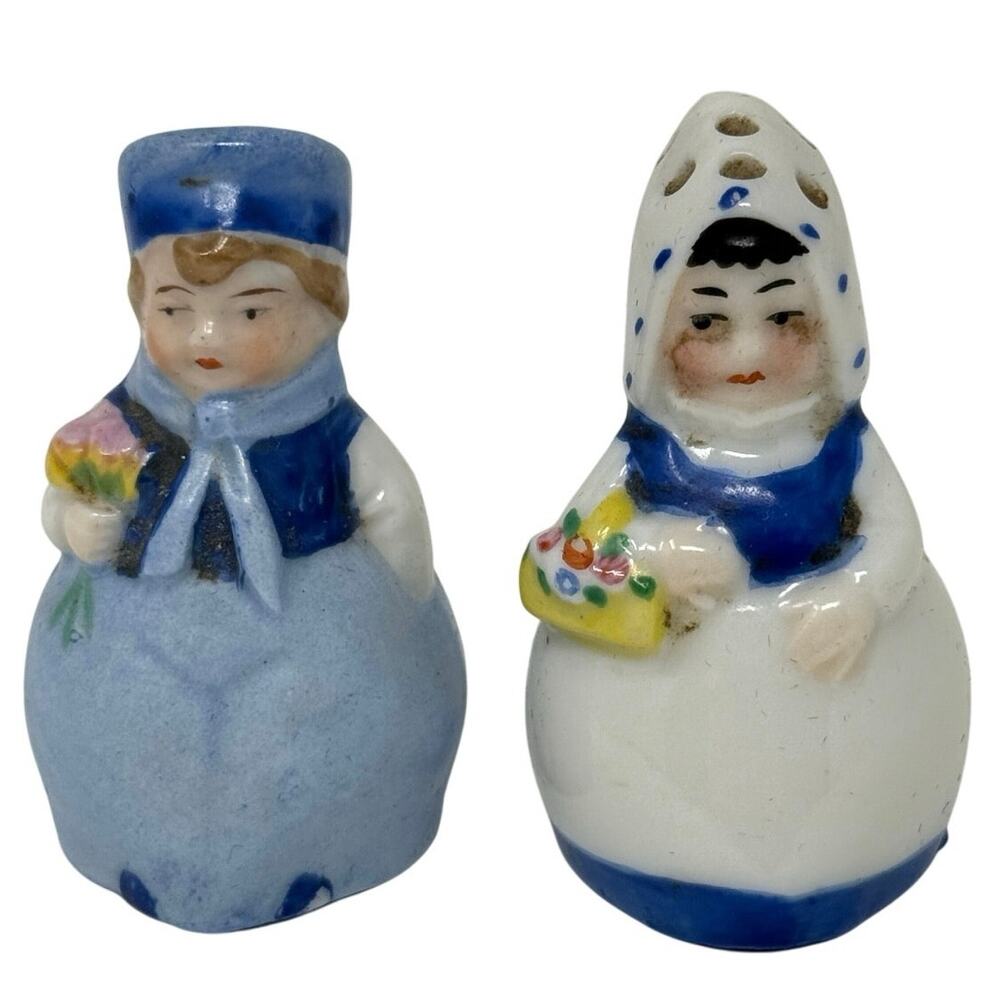 Vintage 50s Dutch Boy Girl Salt Pepper Shakers Blue White Ceramic 3” Corks